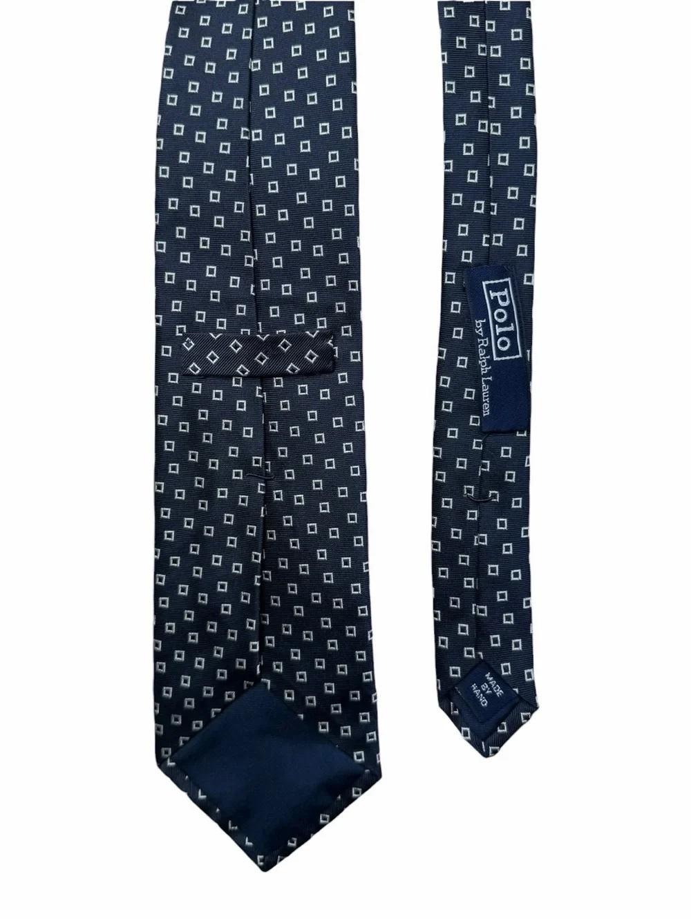 Polo Ralph Lauren Vintage Navy Silk Necktie Gray Geometric Square Print USA Made